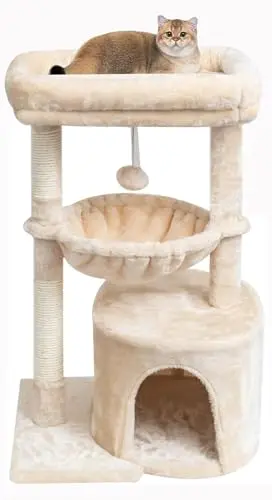SYANDLVY cat tree with a cradle lounger, scratching post, and cat cave