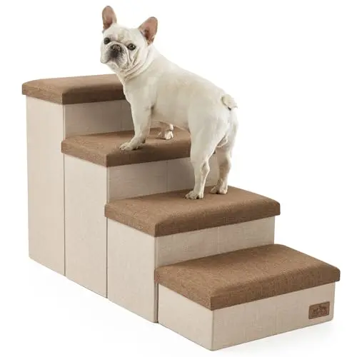 COZY KISS wider dog stairs with hidden storage compartments next to a bed.
