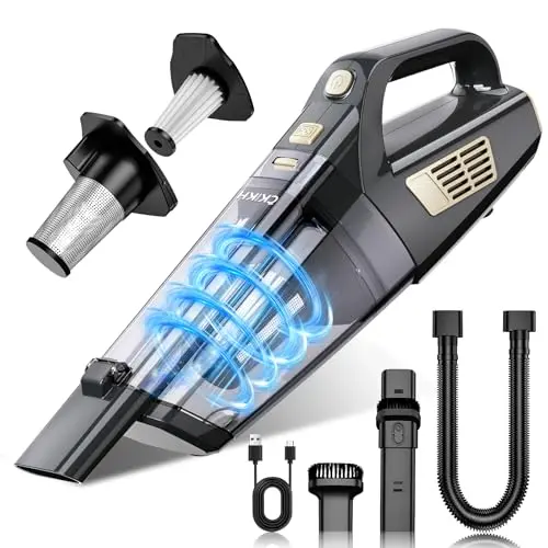 CKIKH black and gold cordless handheld vacuum with multiple nozzles.