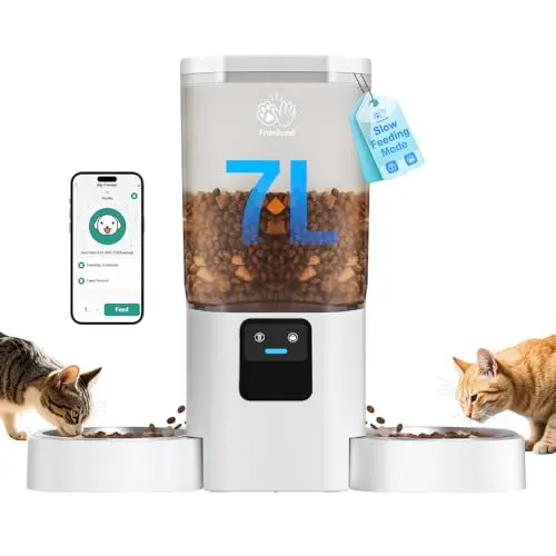 Frienhund wide-set automatic cat feeder with two bowls connected to a smartphone app