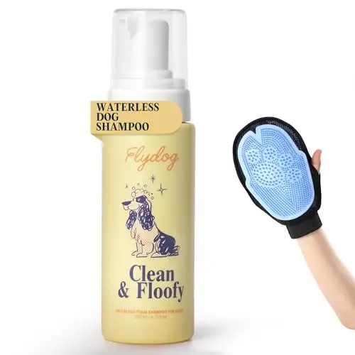 Clean and Floofy Dry Dog Shampoo foam and grooming glove