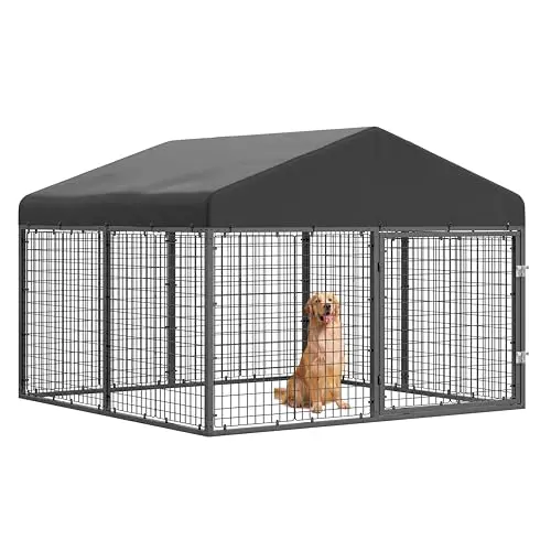 Petony large black galvanized steel outdoor dog kennel with roof and double locks
