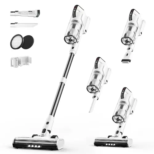 KLARPUL Cordless Vacuum Cleaner in white with self-standing and touch screen controls