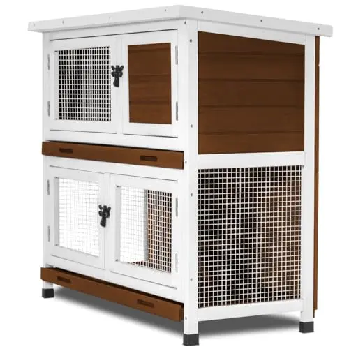 AMZOSS walnut-colored two-story wooden rabbit hutch with asphalt roof