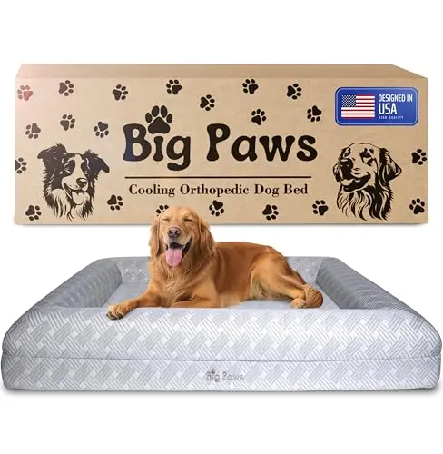 Big Paws cooling orthopedic dog bed with memory foam and raised bolsters