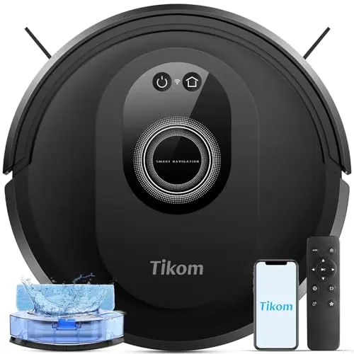 Tikom G8000 Max black robot vacuum cleaning on a carpet
