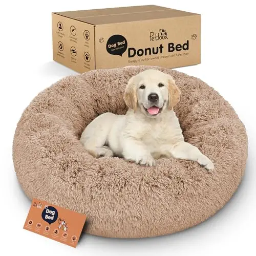 Petloox camel-colored fluffy round donut dog bed with ultra-plush shaggy material