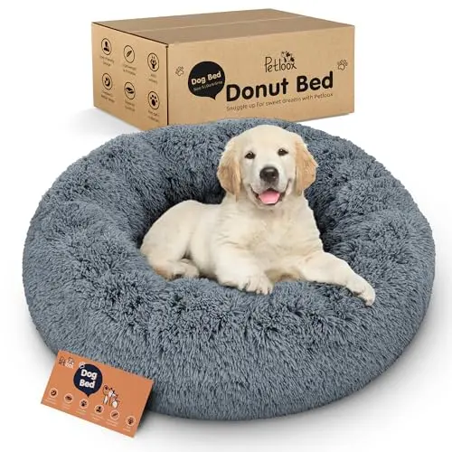 Petloox donut dog bed in dark grey with fluffy plush for small to medium-sized dogs