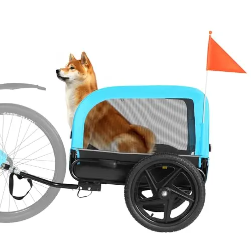 Sepnine blue and black dog bike trailer with safety flag