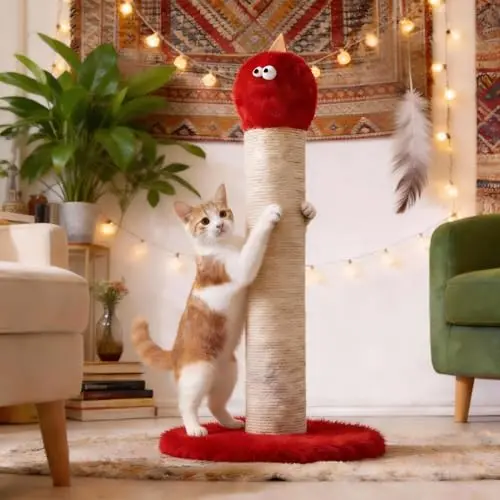 Keygarzone cat scratching post with wide circular base and cartoon design