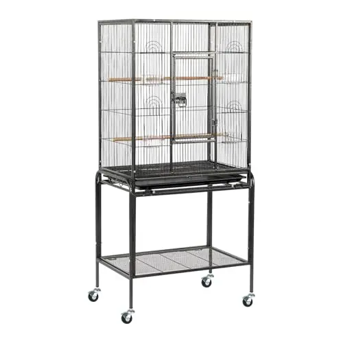 VINGLI black wrought iron bird cage with wheels and a slide-out tray