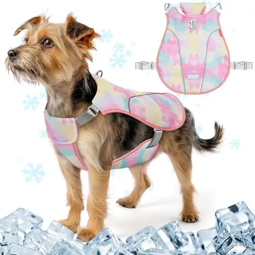 KYEESE pink striped mesh dog cooling vest with a large reflective label and D-ring