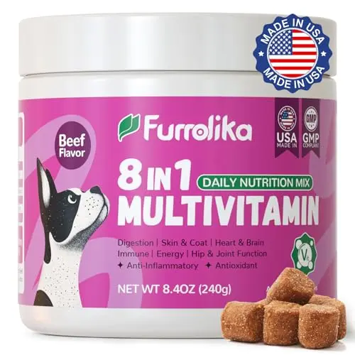 Furrolika 8-in-1 dog multivitamin soft chews in a container