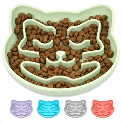 SNUGGLI green silicone slow feeder cat bowl with a maze-like pattern and a cute cat face design.