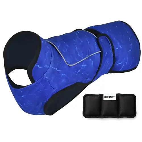 LUCOLOVE blue aqua dog cooling vest with a high collar and separate ice pack pocket