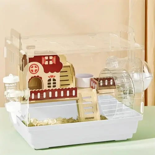 ECOCEN white acrylic hamster cage with garden-style stickers, stairs, and accessories