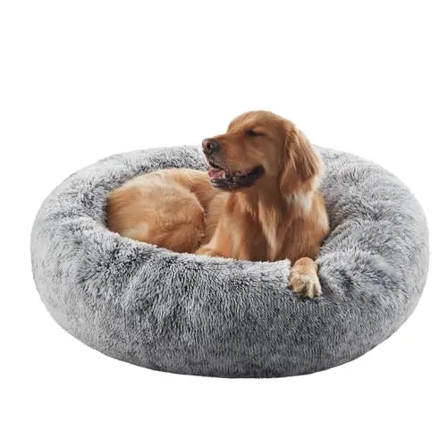 BedStill Donut Dog Bed in dark grey, round shape with fluffy faux fur for large dogs