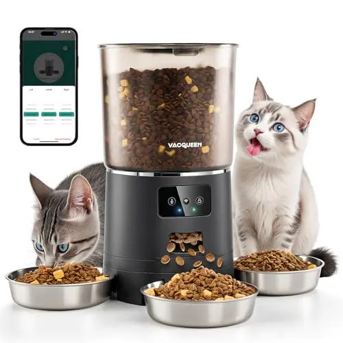 Vacqueen automatic pet feeder with three stainless steel bowls in a triangle formation