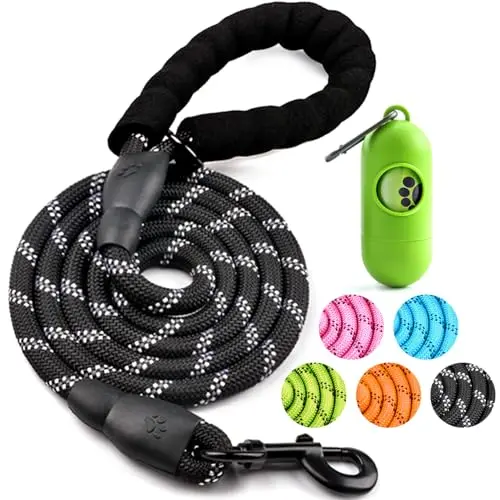 COOYOO Black Reflective Rope Dog Leash with included poop bag dispenser