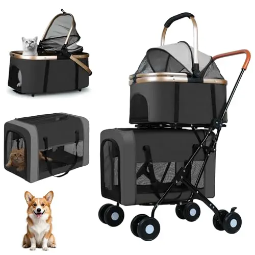 Black double pet stroller with detachable carriers and storage pockets