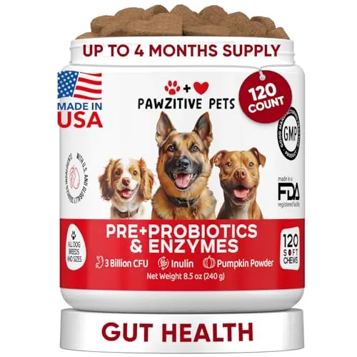 Pawzitive Pets probiotic and enzyme chews for dogs in a tub