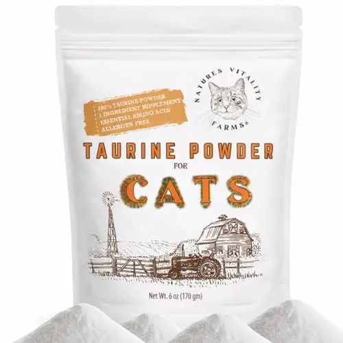 Natures Vitality Farms taurine powder supplement for cats in a resealable packet with scoop