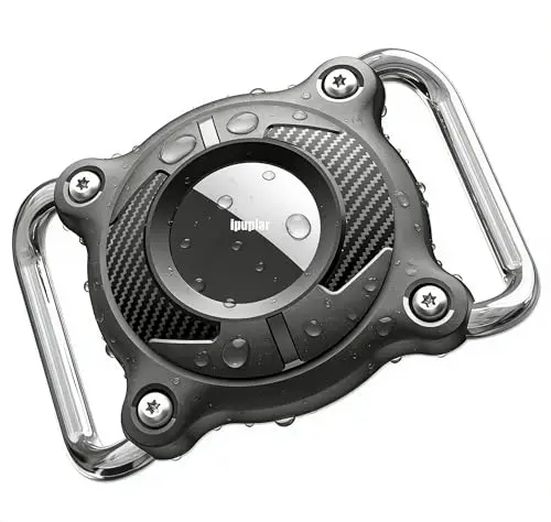 IPUPLAR TPU AirTag holder with a removable metal buckle loop, shown in deep black.