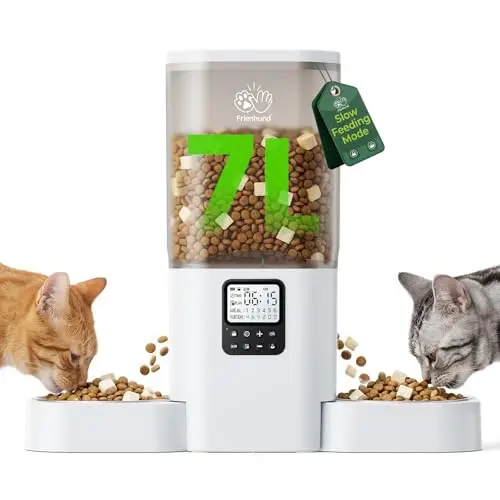 Frienhund automatic cat feeder with slow feeding mode, dual bowls, and 7L capacity for multiple pets