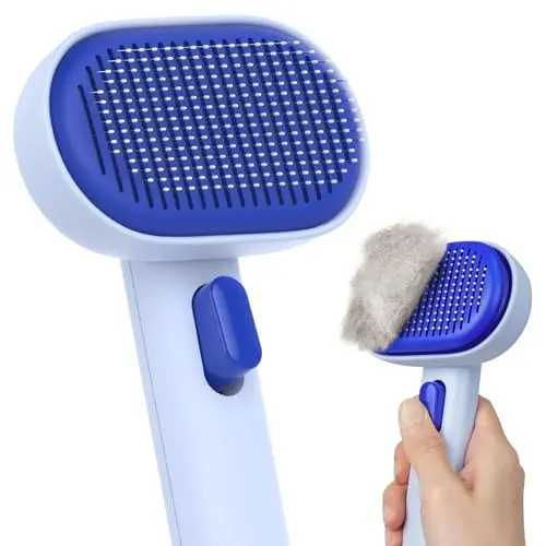 aumuca self-cleaning slicker brush in blue with round-tipped needles and hang strap
