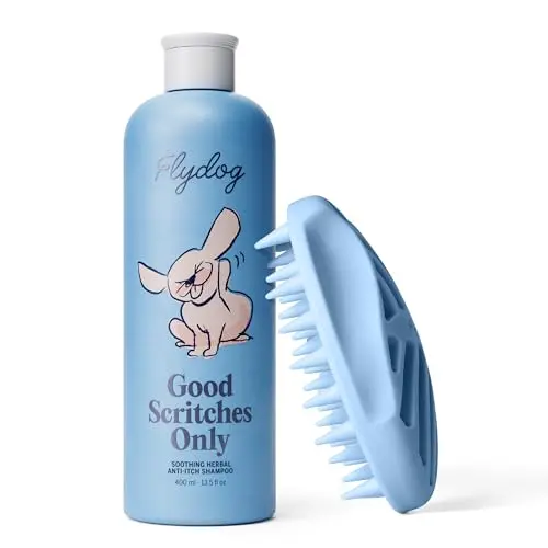 FLYDOG hypoallergenic dog shampoo bottle with silicone brush