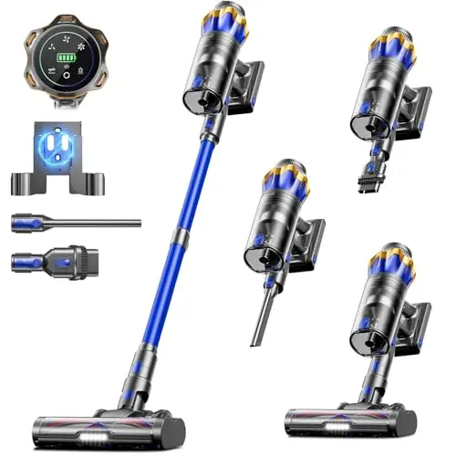 Jellypig X100 cordless vacuum with large dust cup and LED touch screen, standing on its own.