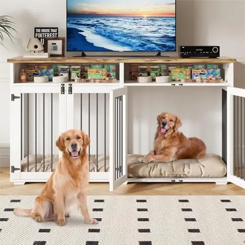 REVOMINCA white wooden dog crate furniture for two medium dogs with storage