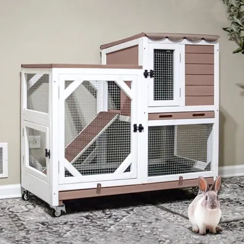 GUTINNEEN brown wooden rabbit hutch with a metal-edged ramp