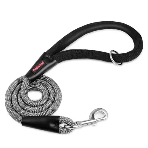 Pudiwind black heavy duty rope dog leash with reinforced leather stitching