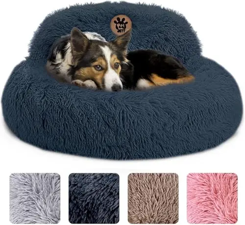 PetJett calming donut dog bed in dark grey with plush fabric for medium-sized dogs