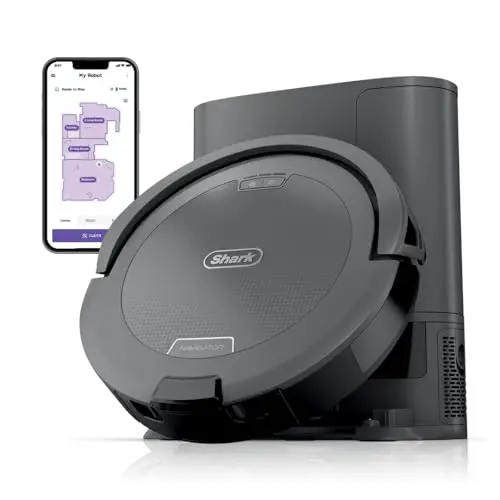 Shark Navigator robot vacuum with self-empty base cleaning near a sofa