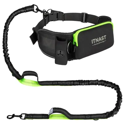 ITNAST hands-free dog leash in black/green with a wide padded waist belt and reflective stitching