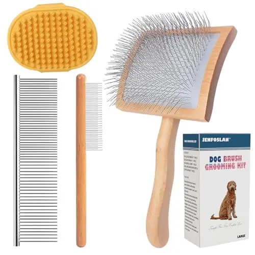 JENFOSLAN 4-piece dog grooming kit with slicker brush, combs, and bath brush