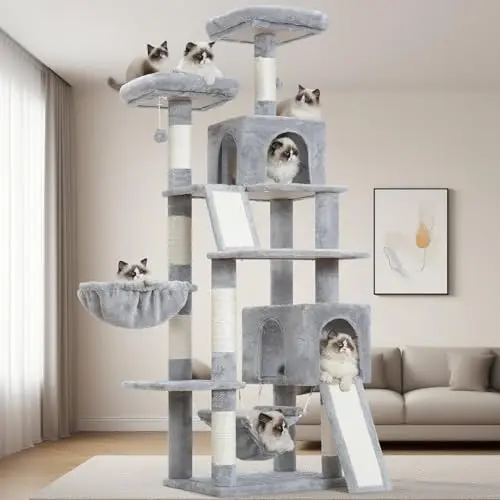 Gitelsnour 71-inch light gray cat tree with scratching boards and condos