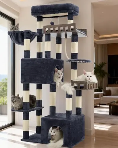 Gitelsnour 70-inch dark gray cat tree with a removable top perch, two cat caves, and a hammock
