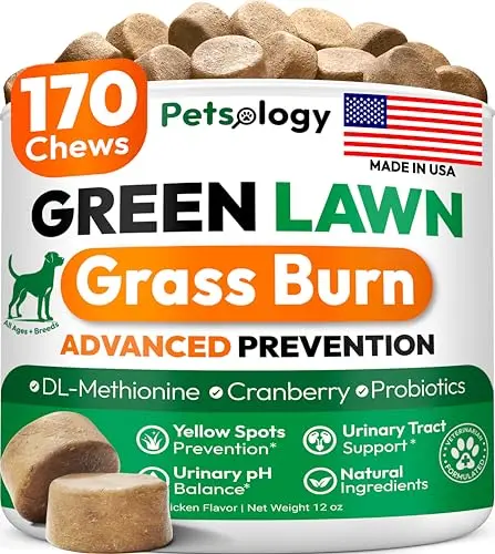 Petsology Dog Urine Neutralizer chews in a jar for lawn burn spots