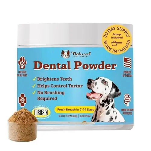 Natural Dog Company dental powder container for dog oral health