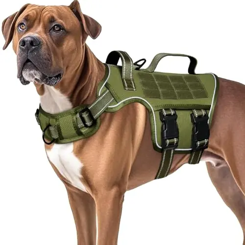RunFido tactical dog harness in green with reflective strips and metal rings