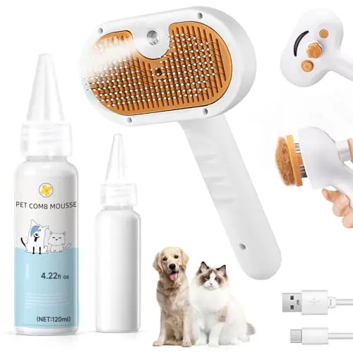 FASHIONAR pet steam brush with spray function and self-cleaning bristles