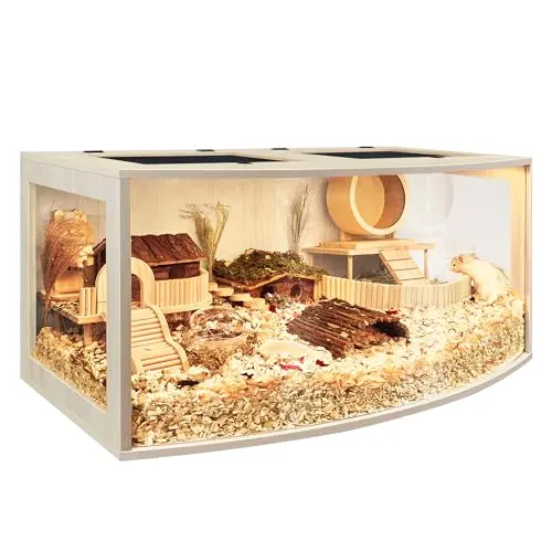 PROLEE oak wooden hamster cage with curved acrylic front panel