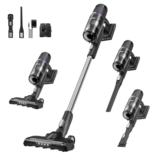 Eureka ReactiClean black cordless stick vacuum standing upright.