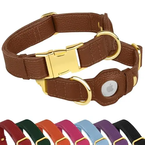 BUDKAS brown leather dog collar with built-in Apple AirTag holder and metal buckle