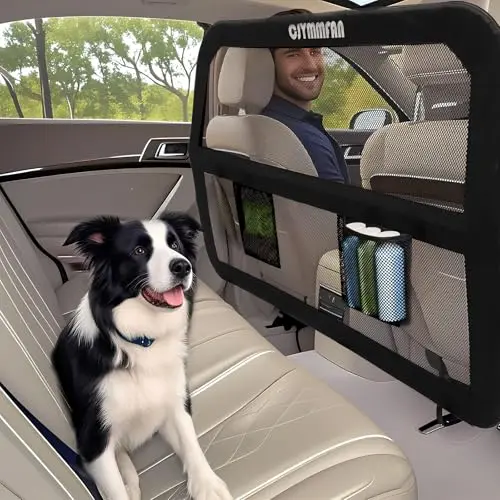 CJYMMFAN transparent mesh dog barrier with extended steel frame in a car trunk.