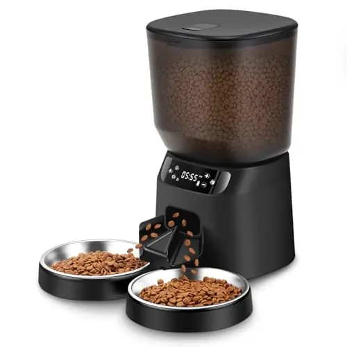 Katalic black automatic pet feeder with two bowls and a large clear food hopper