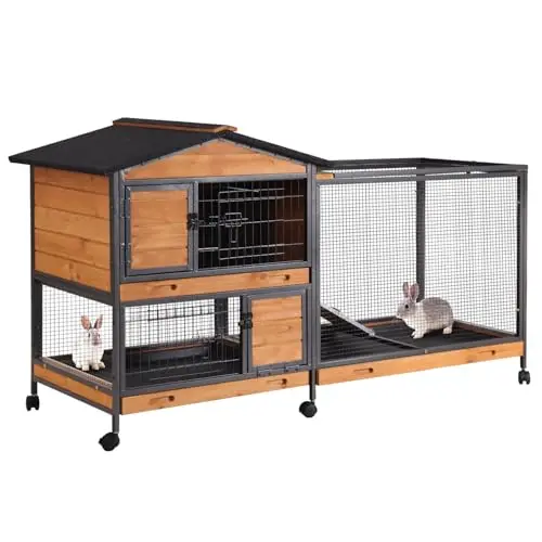 AIVITUVIN brown rabbit hutch with a metal frame and slanted asphalt roof